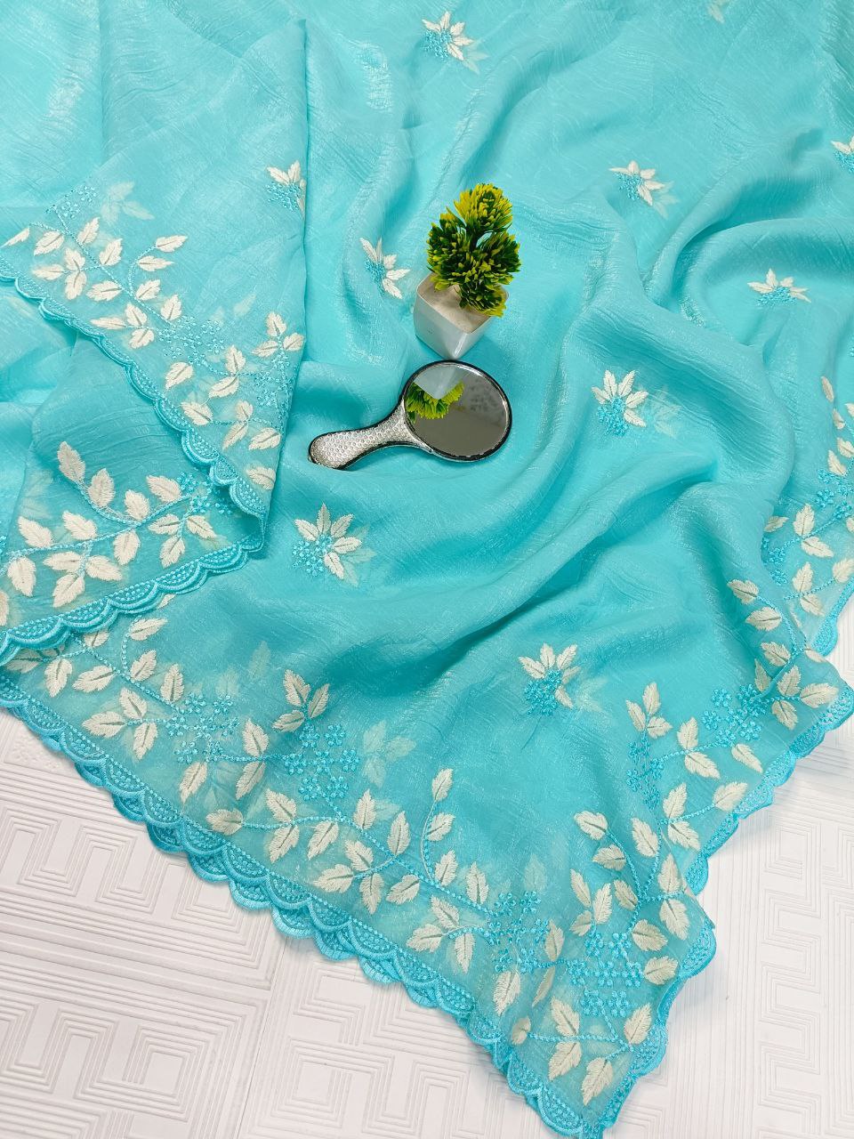 New Partywear Look Fancy Designer Cotton Tread Work Embroidery Saree With Super Blouse