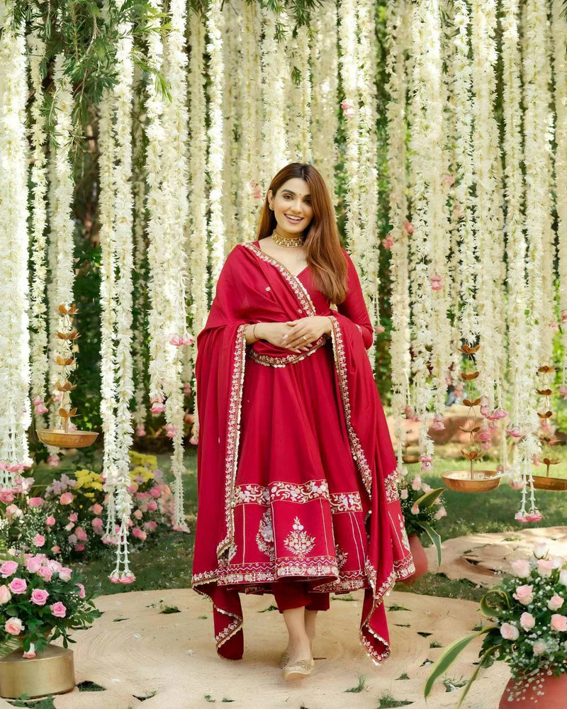 Red Designer Partywear Anarkali Set