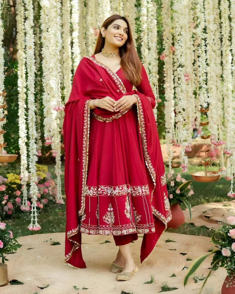 Red Designer Partywear Anarkali Set