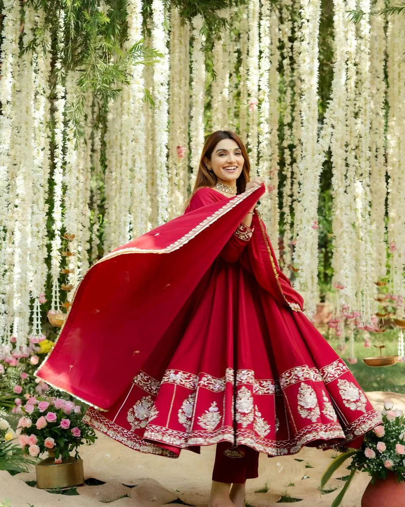 Red Designer Partywear Anarkali Set