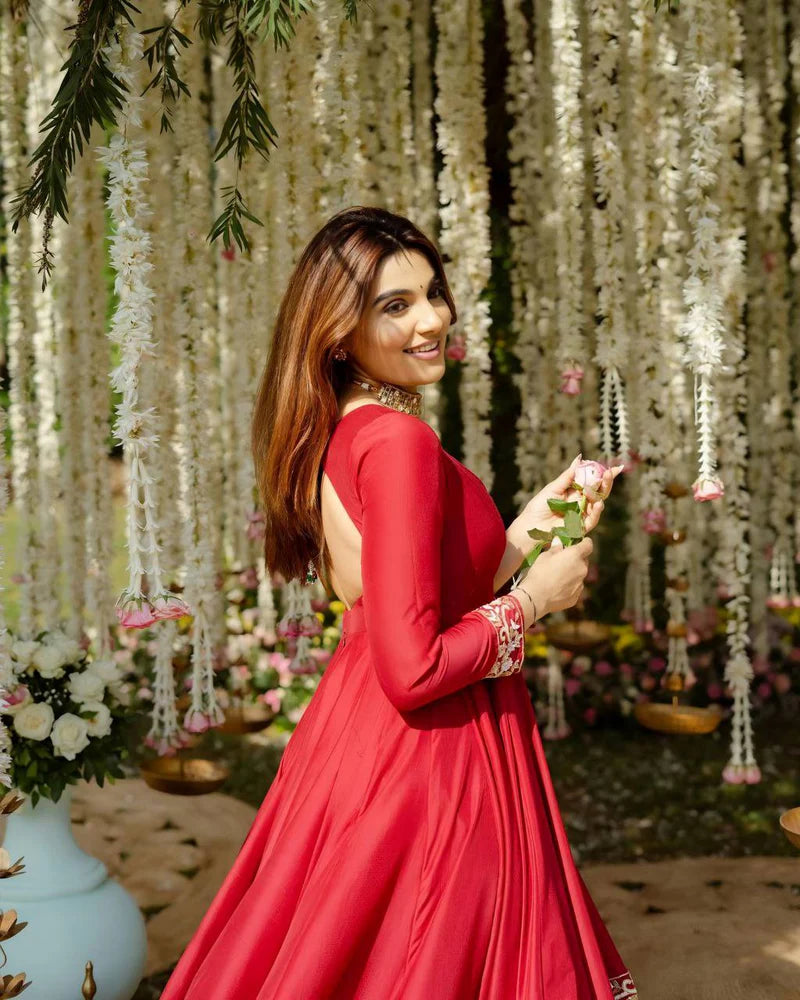 Red Designer Partywear Anarkali Set