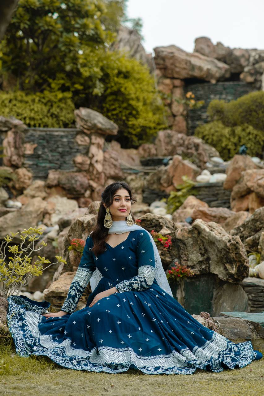 New Partywear Blue Color Faux Georgette Anarkali Suit Set