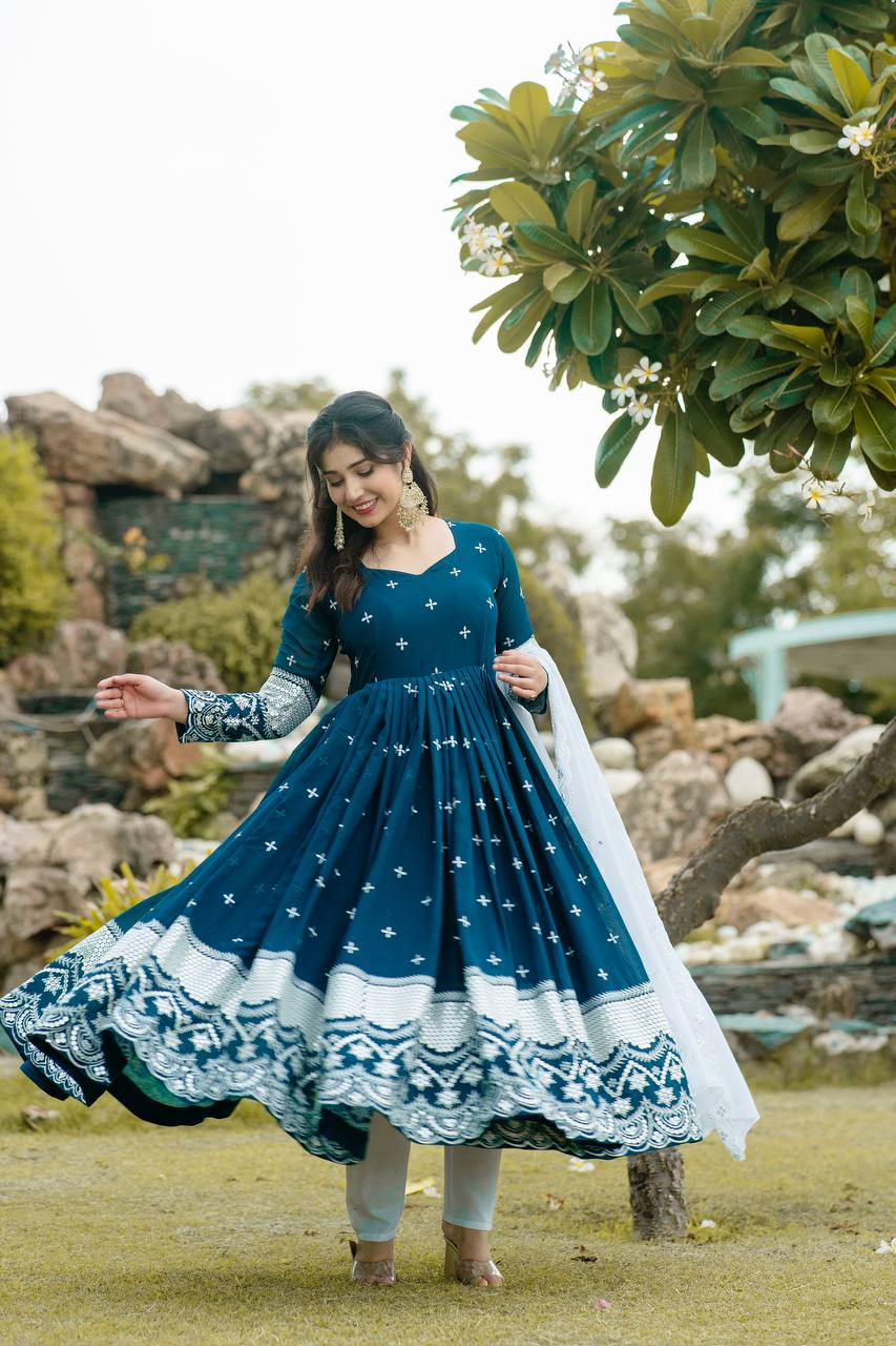 New Partywear Blue Color Faux Georgette Anarkali Suit Set