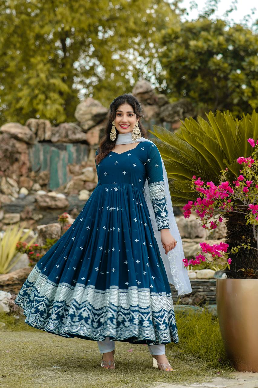 New Partywear Blue Color Faux Georgette Anarkali Suit Set