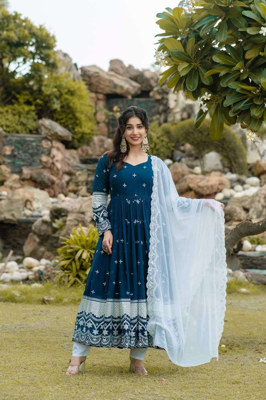 New Partywear Blue Color Faux Georgette Anarkali Suit Set