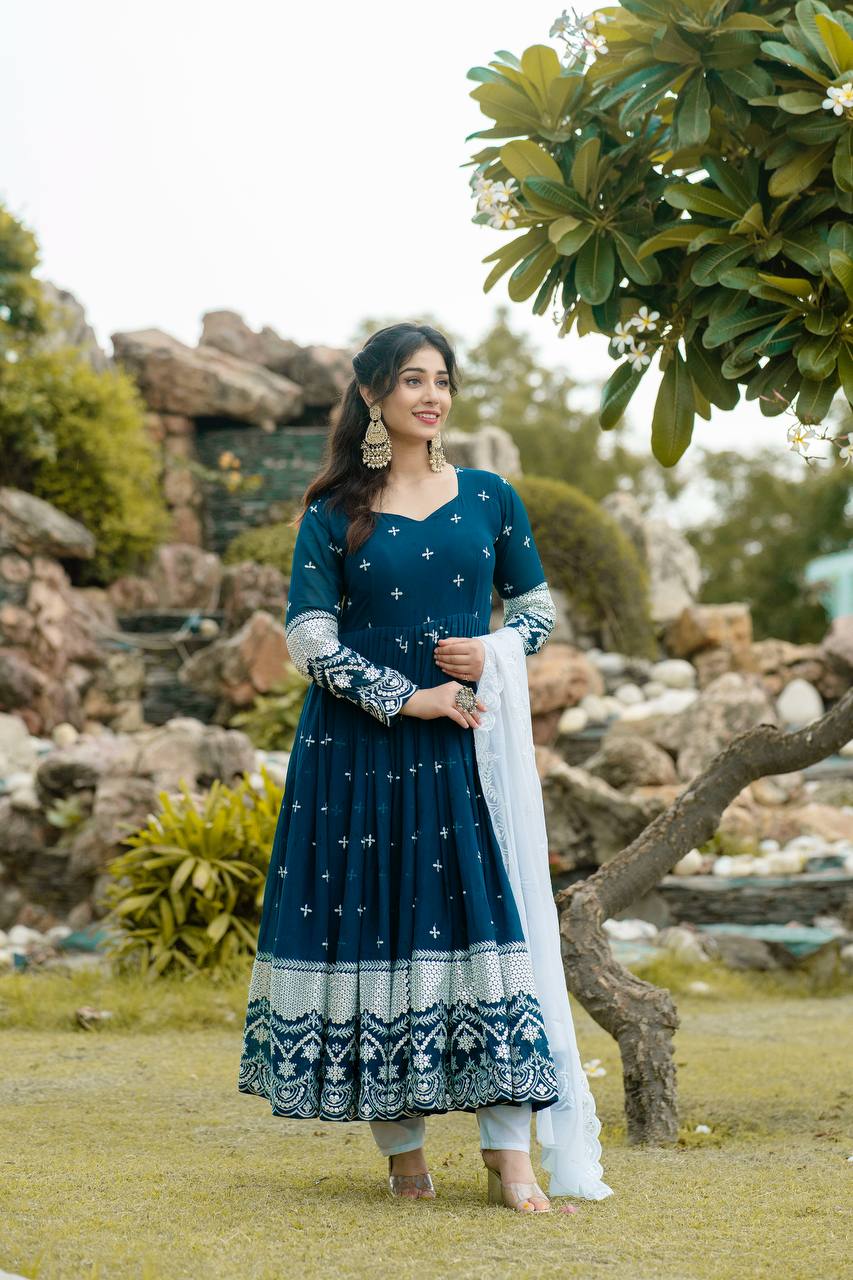 New Partywear Blue Color Faux Georgette Anarkali Suit Set