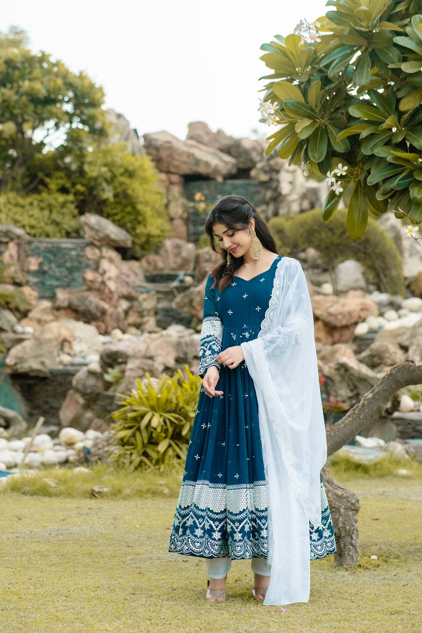 New Partywear Blue Color Faux Georgette Anarkali Suit Set