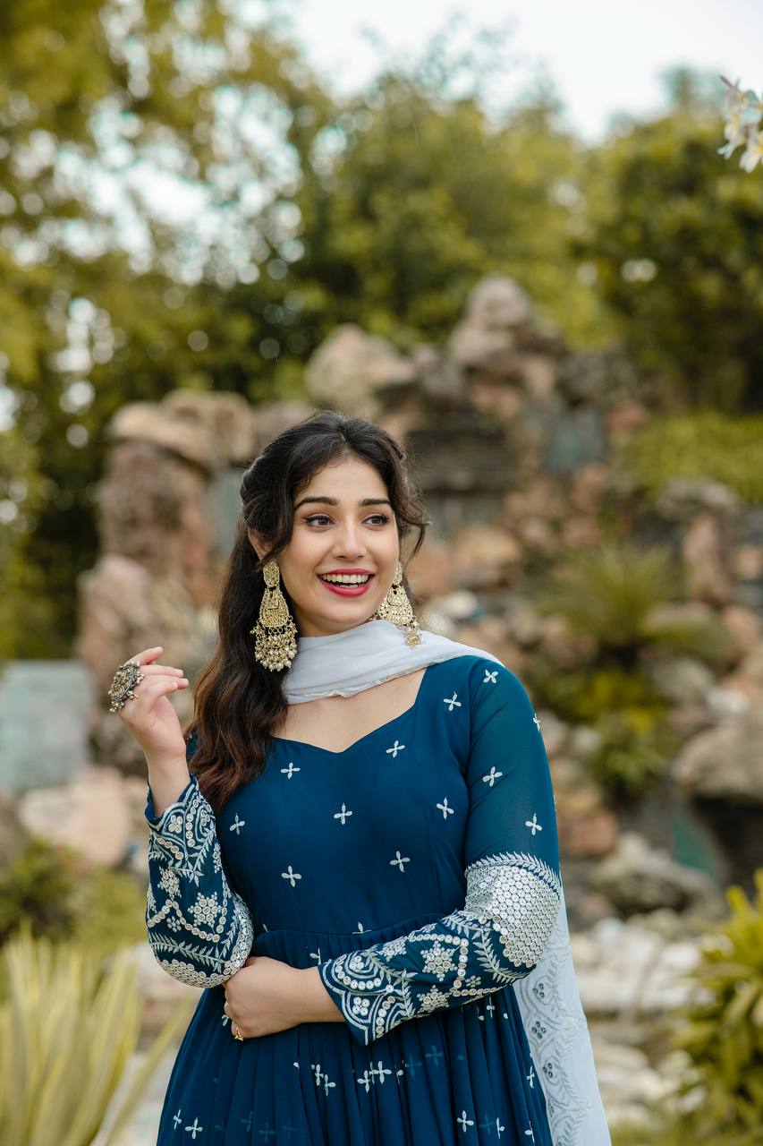 New Partywear Blue Color Faux Georgette Anarkali Suit Set