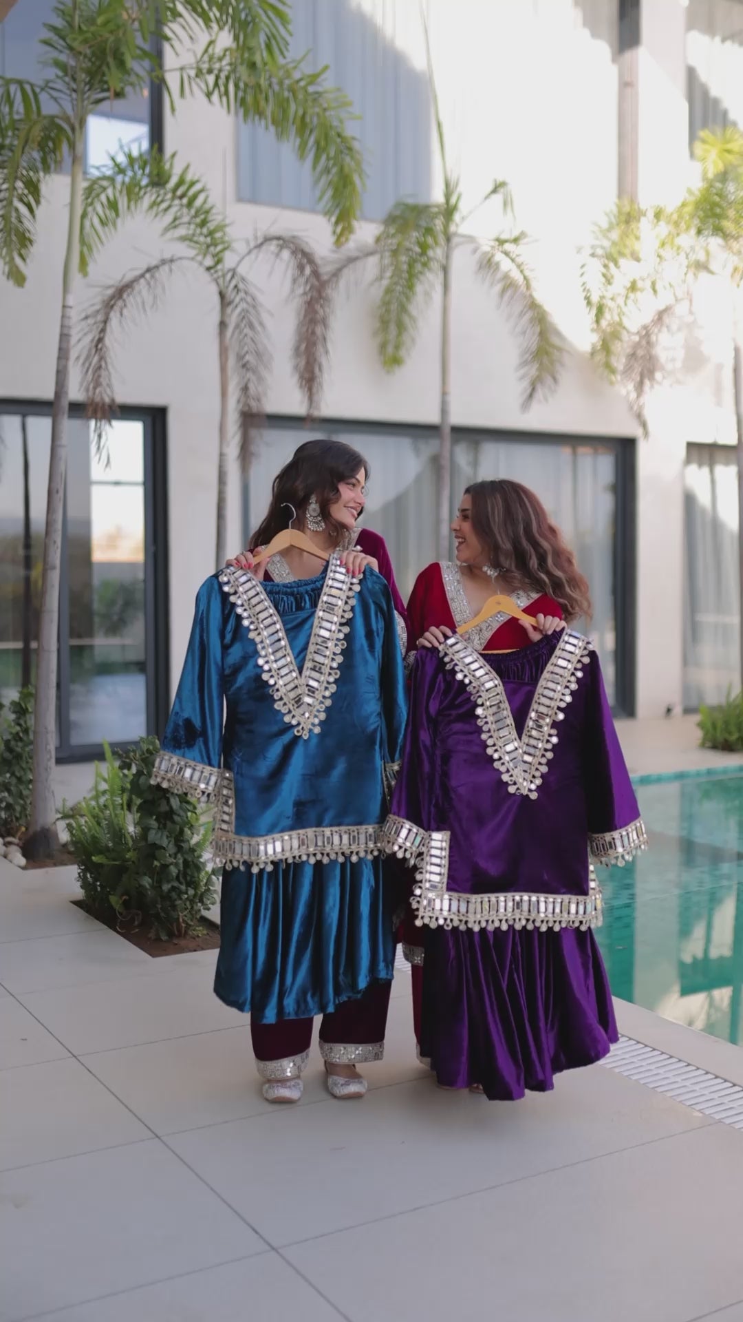 PREMIUM ICE VELVET KURTA PALAZZO SET WITH BATWA